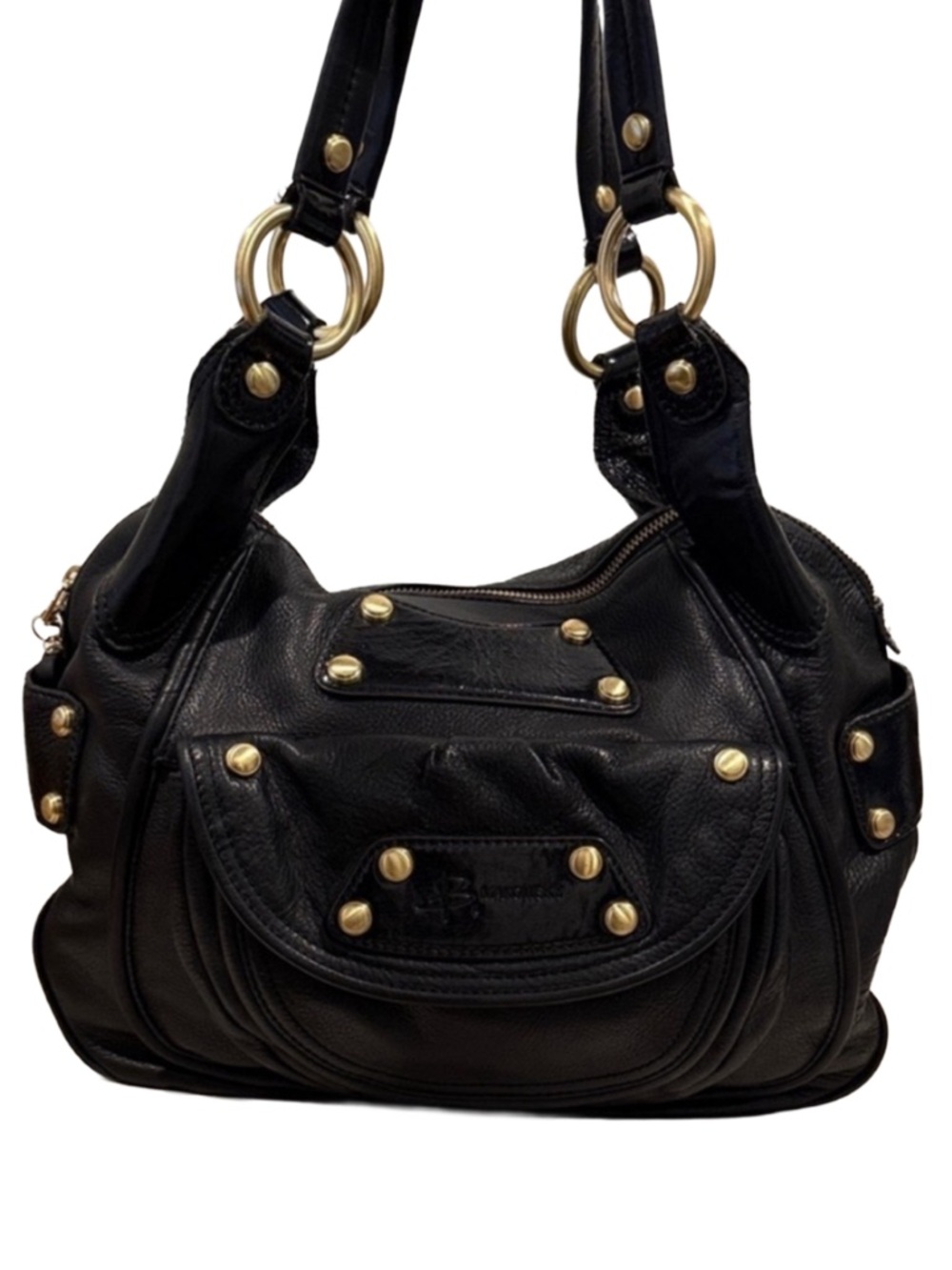 B. MAKOWSKY Black Leather Hobo Shoulder Bag with Gold Studs 14” wide x 12” high